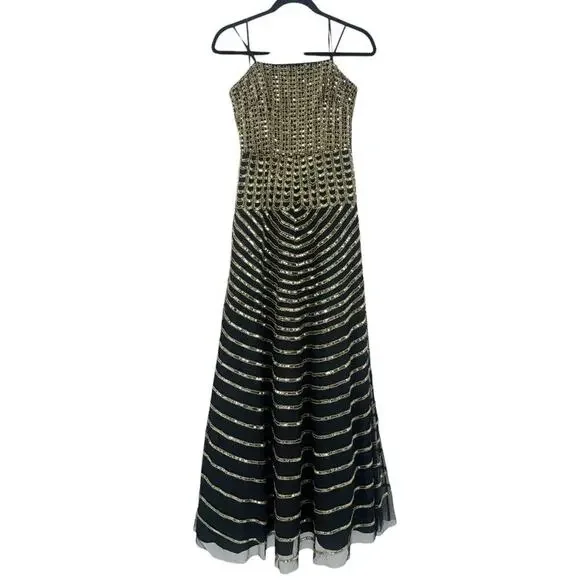 Aidan Mattox Strapless Sequin Gown Maxi Dress Gold Black Size 2 NWOT